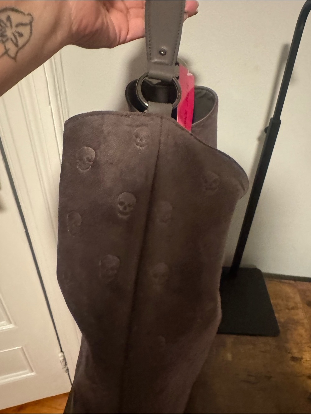 Betsey Johnson Skull-Embossed Suede Hobo Bag in Gray Brand New - Picture 7 of 9